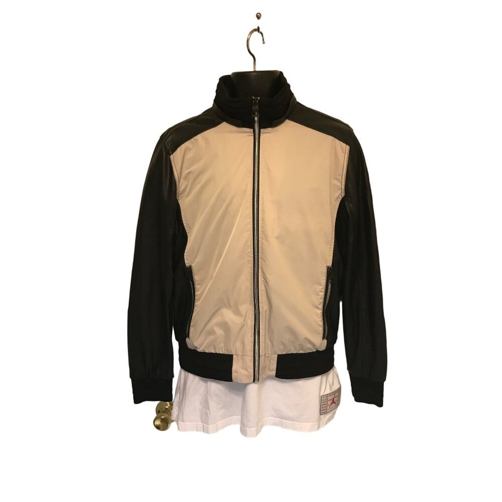 Guess Mens Black Faux Leather and Beige Polyester Full Zip Moto Jacket